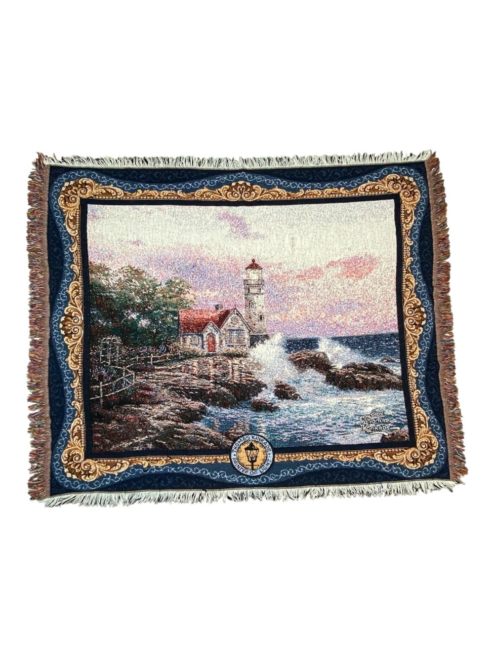 Thomas Kinkade Lighthouse Painter of Light Tapestry Throw Blanket Fringe 48”X58”